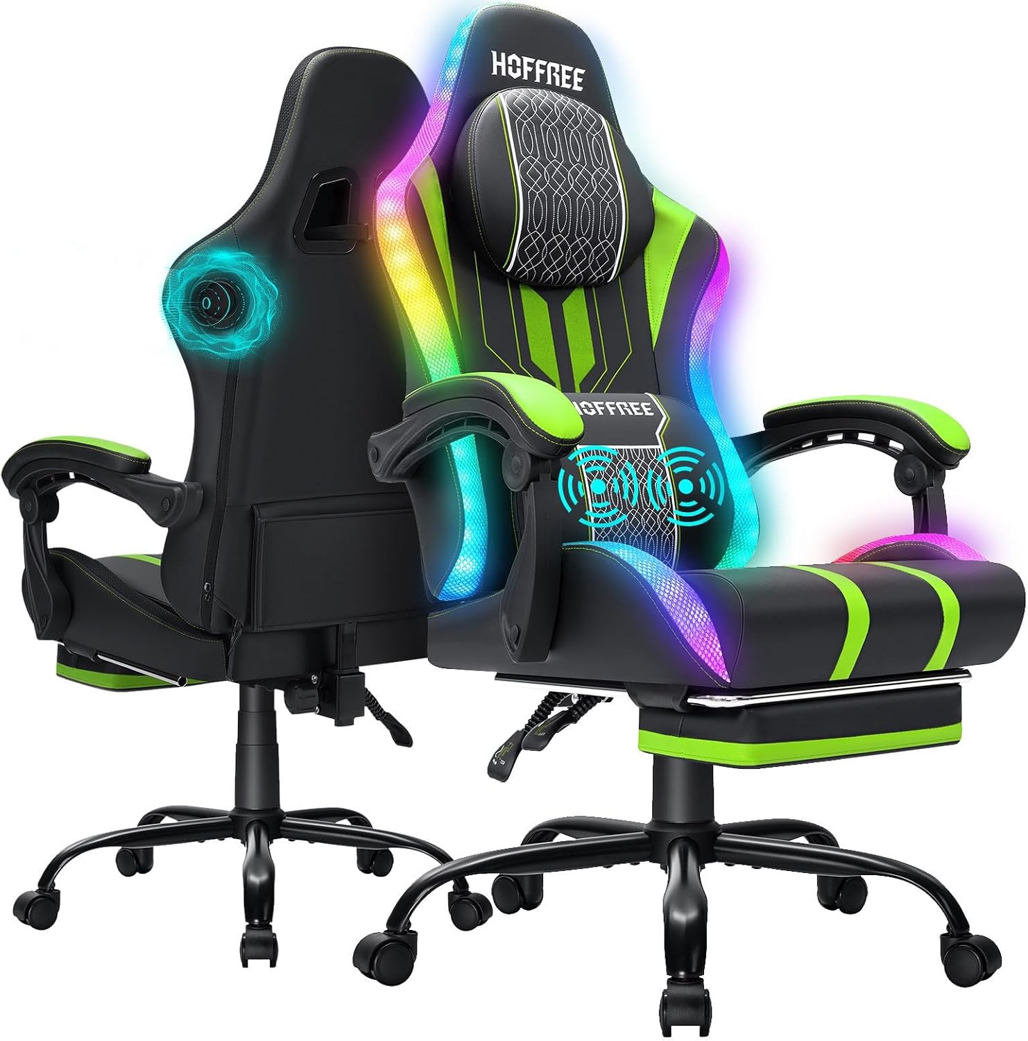 HOFFREE LED Gaming Chair with Bluetooth Speakers Massage Gaming Chair with RGB Lights Big and Tall Gamer Chair for 400lbs Heavy People High Back Computer Desk Chair with Footrest Green and Black