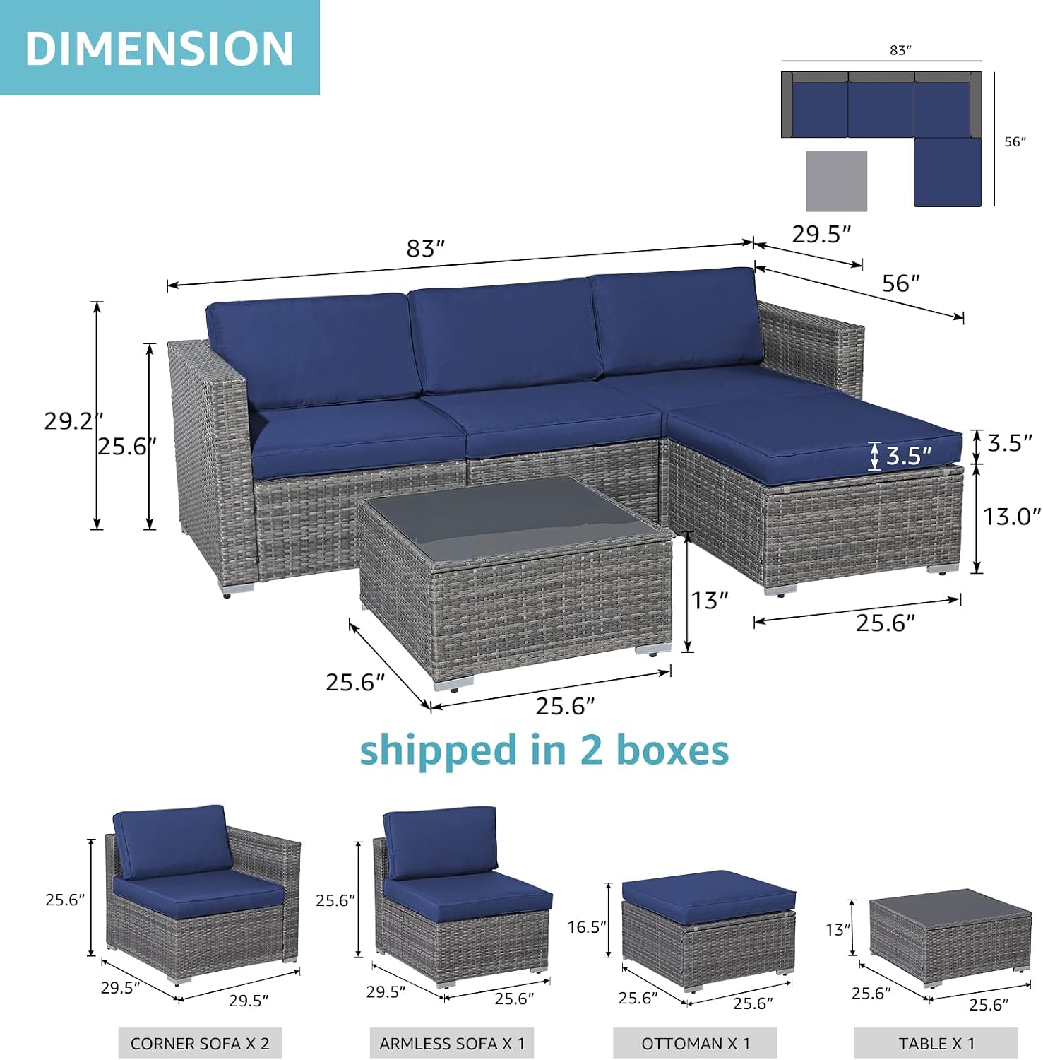 Patiorama 5 Piece Outdoor Patio Furniture Set, Outdoor Sectional Conversation Set, All-Weather Grey PE Wicker w/Navy Blue Cushions, Outdoor Backyard Porch Garden Poolside Balcony Furniture Set