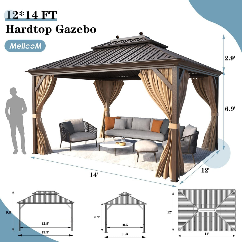 MELLCOM 12' x 14' Hardtop Gazebo, Brown Permanent Pavilion Gazebos with Curtains and Netting, Galvanized Steel Metal Double Roof with Aluminum Frame for Patios, Gardens, Lawns