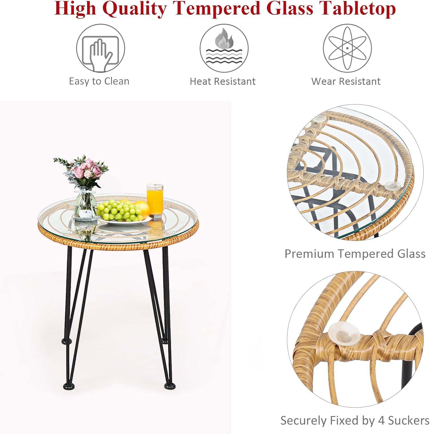 Tangkula 3 Pieces Patio Bistro Set, Rattan Conversation Set with 2 Cushioned Armchairs & Round Glass Coffee Table, Indoor Outdoor Wicker Furniture Set for Balcony, Backyard, Garden, Poolside