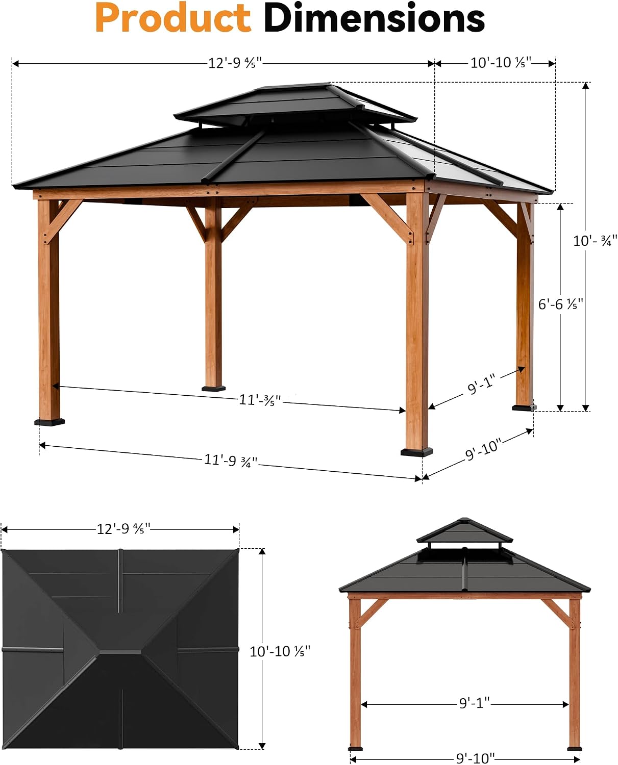 Modern Shade Wood Gazebo 11' x 13', Cedar Framed Wooden Gazebo with Double Galvanized Steel Roof, Hardtop Pavilion with Sturdy Hooks for Garden, Backyard Patio and Deck