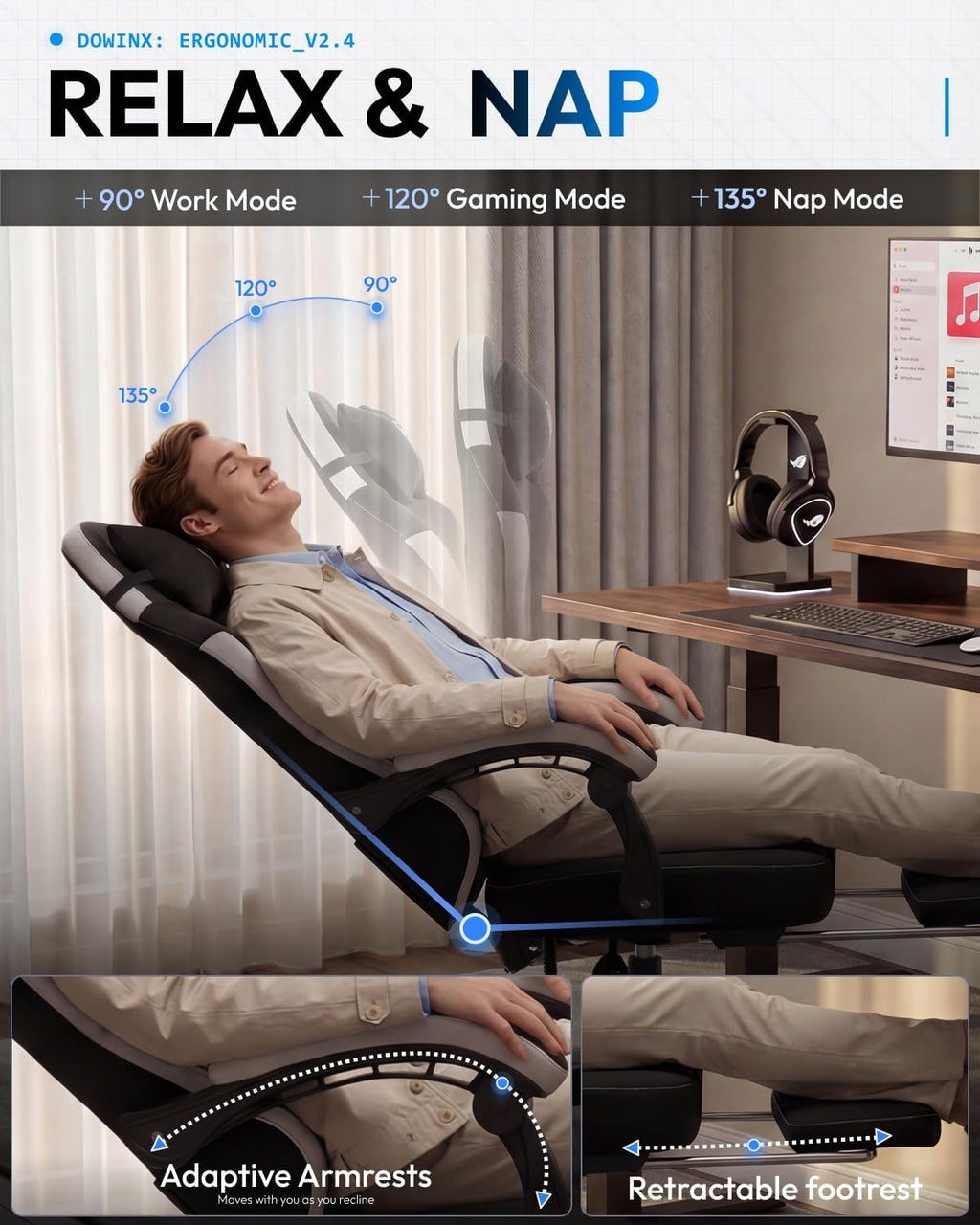 Dowinx Gaming Chair, Fabric Gaming Chairs for Adults with Pocket Spring Cushions and Lumbar Support, Ergonomic Massage Office Chair High Back with Footrest and Linkage Armrests, Black