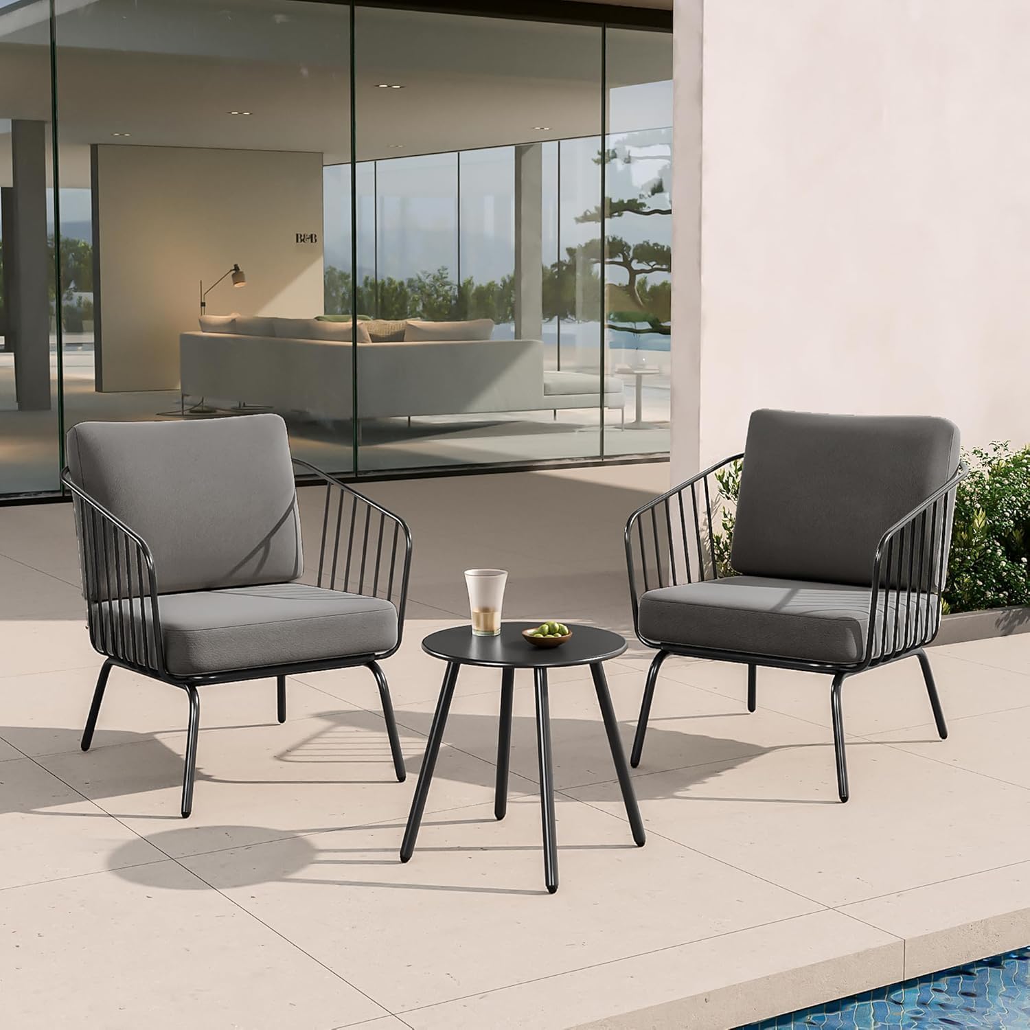 East Oak 3-Piece Plaza Patio Furniture Set, Outdoor Furniture with Thick Cushion Sofa and Coffee Table, Outdoor Bistro Set for 2, Modern Patio Conversation Set for Balcony, Black & Grey