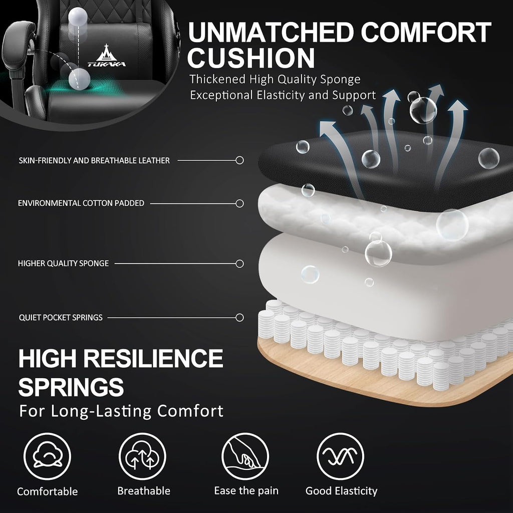 Gaming Chair,Ergonomic Massage Computer Office Desk Chair with Footrest,Pocket Spring Cushion,Reclining Leather Adjustable Gamer Chair with Headrest and Lumbar Support,Black