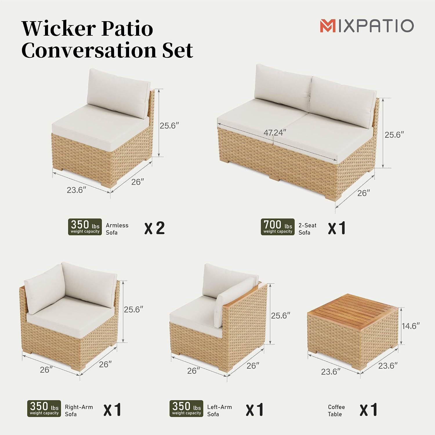 MIXPATIO Wicker Outdoor Patio Furniture Set 7 Pieces Patio Chaise Longue Conversation Set, Rattan U-Shaped Sofa Couch with Acacia Wood Coffee Table for Deck Porch and Garden