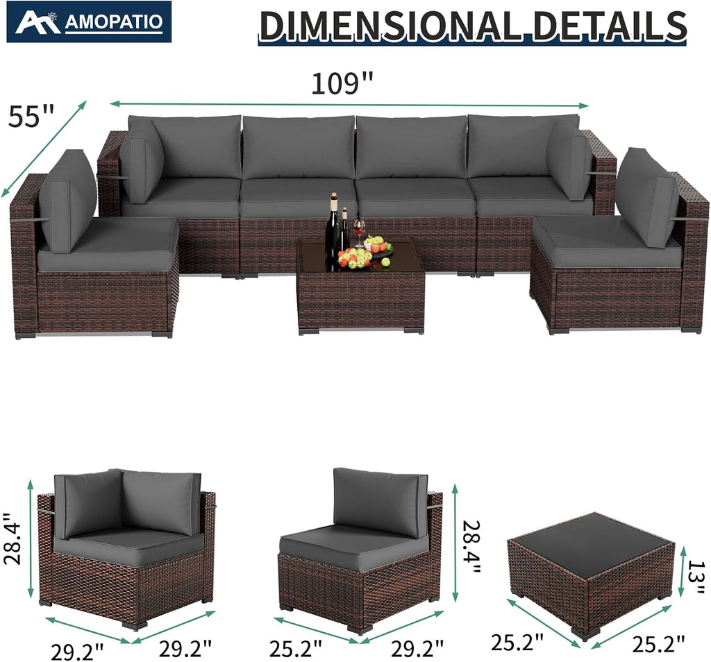 Patio Furniture Sets with Waterproof Cover, 7 Pieces Outdoor Rattan Sectional Sofa Set with Glass Table and Cushions,Wicker Patio Conversation Set for Outdoor Indoor Backyard Lawn Garden Porch (Grey)