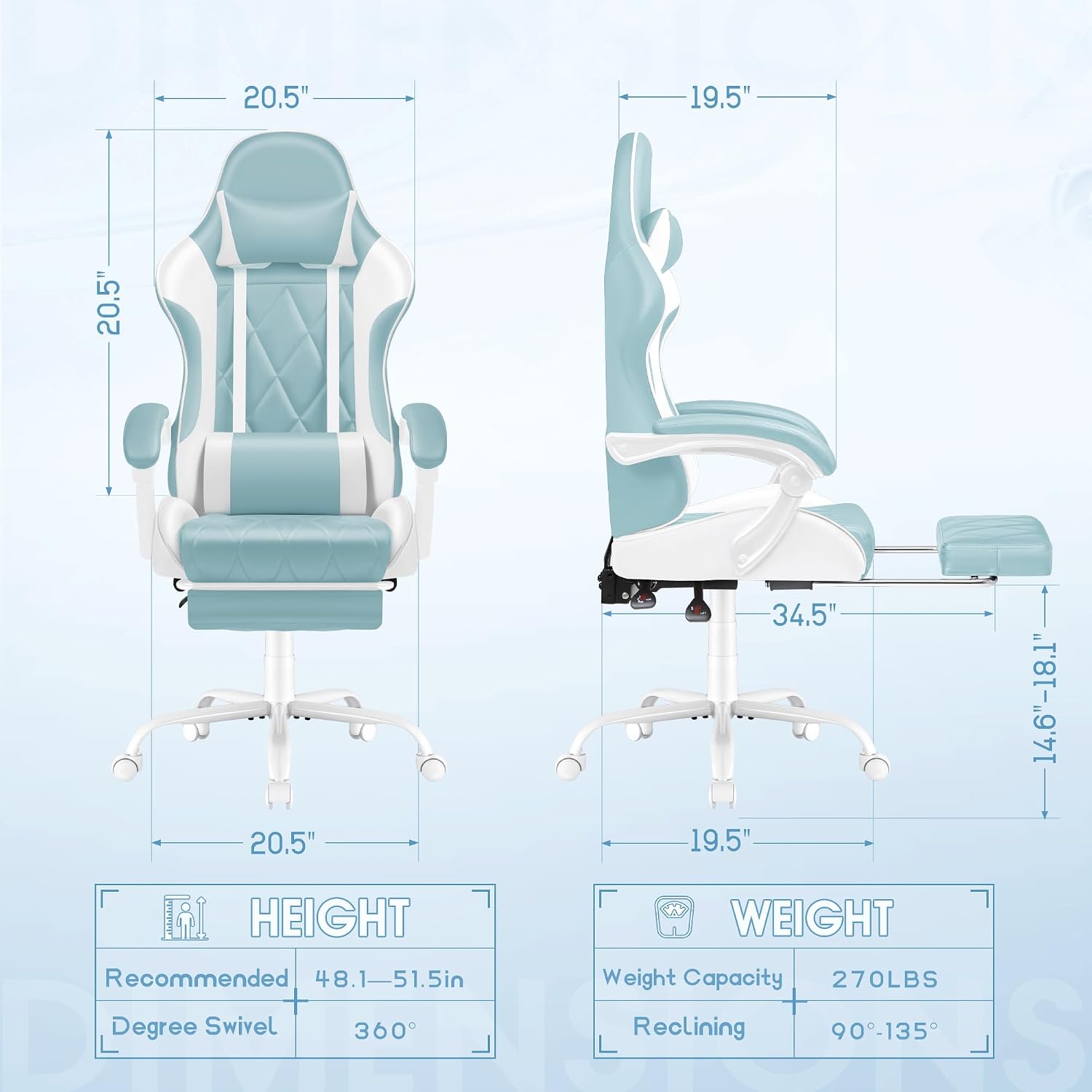 Shahoo Gaming Chair with Footrest and Massage Lumbar Support, Ergonomic Office Computer Seat Height Adjustable with Headrest, Light Blue