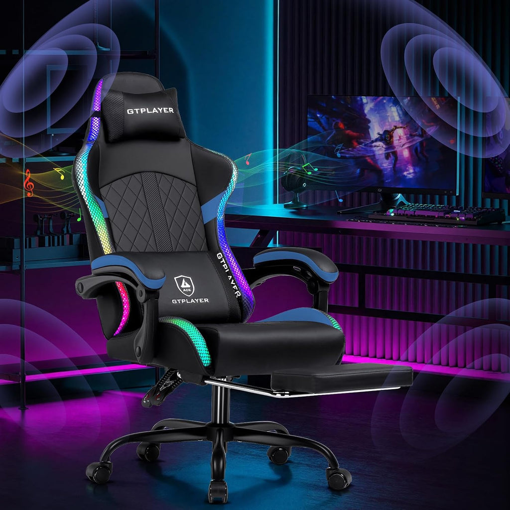 GTPLAYER RGB Gaming Chair with Speakers - LED Computer Game Chair for Adults, PC Home Office Chairs with Footrest & Lights, Reclining Desk Chairs, Blue