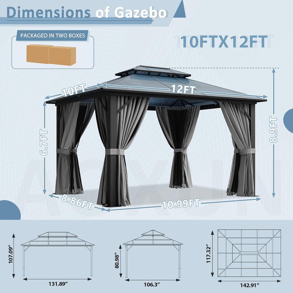 Aoxun 10'x12' Hardtop Gazebo, Aluminum Framed Outdoor Gazebo with Double Polycarbonate Roof, Durable Pavilion with Curtains & Netting for Patio, Garden, and Lawn