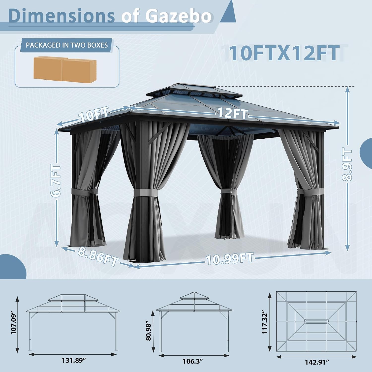 Aoxun 10'x12' Hardtop Gazebo, Aluminum Framed Outdoor Gazebo with Double Polycarbonate Roof, Durable Pavilion with Curtains & Netting for Patio, Garden, and Lawn