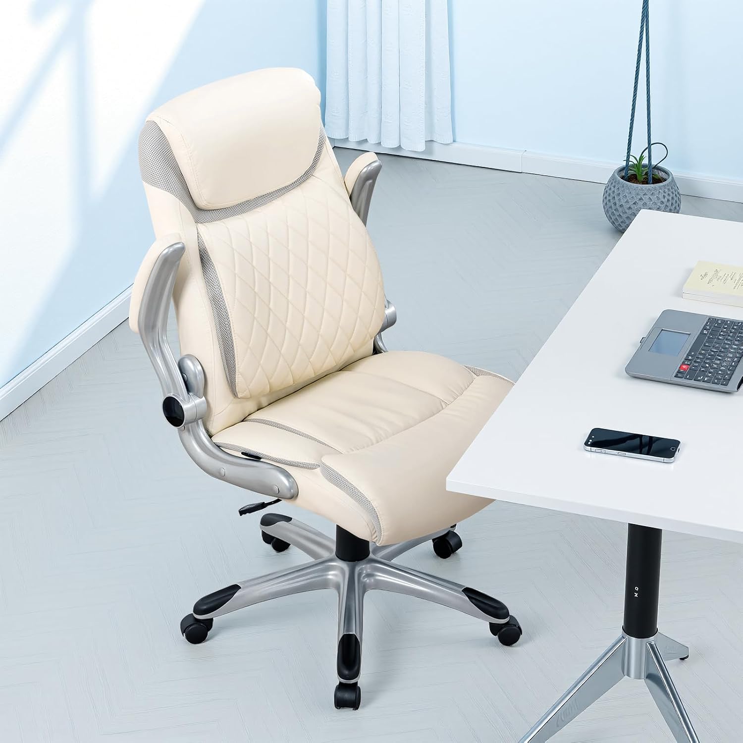 GTPLAYER Big and Tall High Back Office Chair 400LBS Wide Leather Executive Chair Height Adjustable Lumbar Support & Armrests, Comfy Desk Gaming Chairs Computer Swivel Chair, Cream