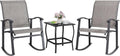 Shintenchi 3 Piece Rocking Bistro Set, Outdoor Furniture with Rocker Chairs and Glass Coffee Table Balcony, Porch Furniture for Small Space, Gray