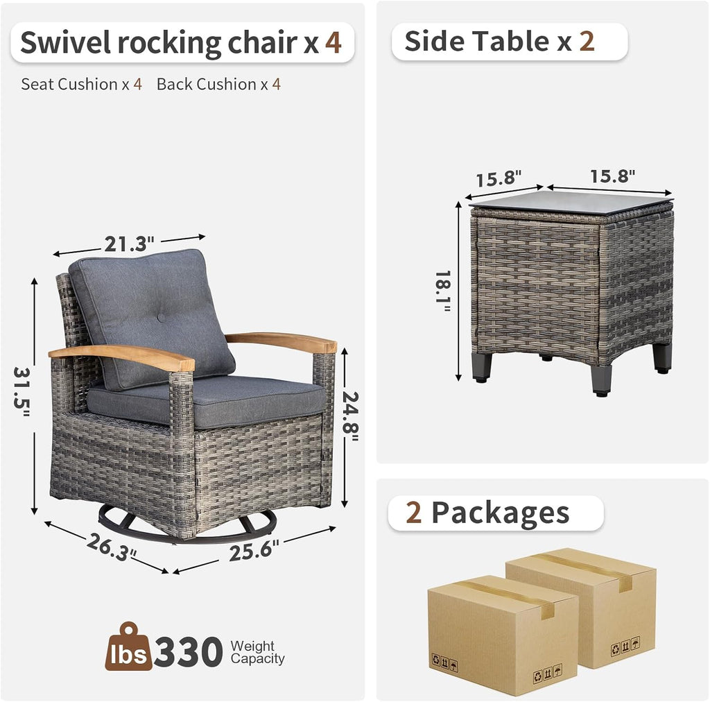 MEISSALIVVE 6 Pieces Patio Furniture Sets, Wicker Patio Conversation Sets with 4 Wood Armrests Swivel Glide Chairs，Outdoor Conversation Set for Deck Yard and Poolside (Grey)