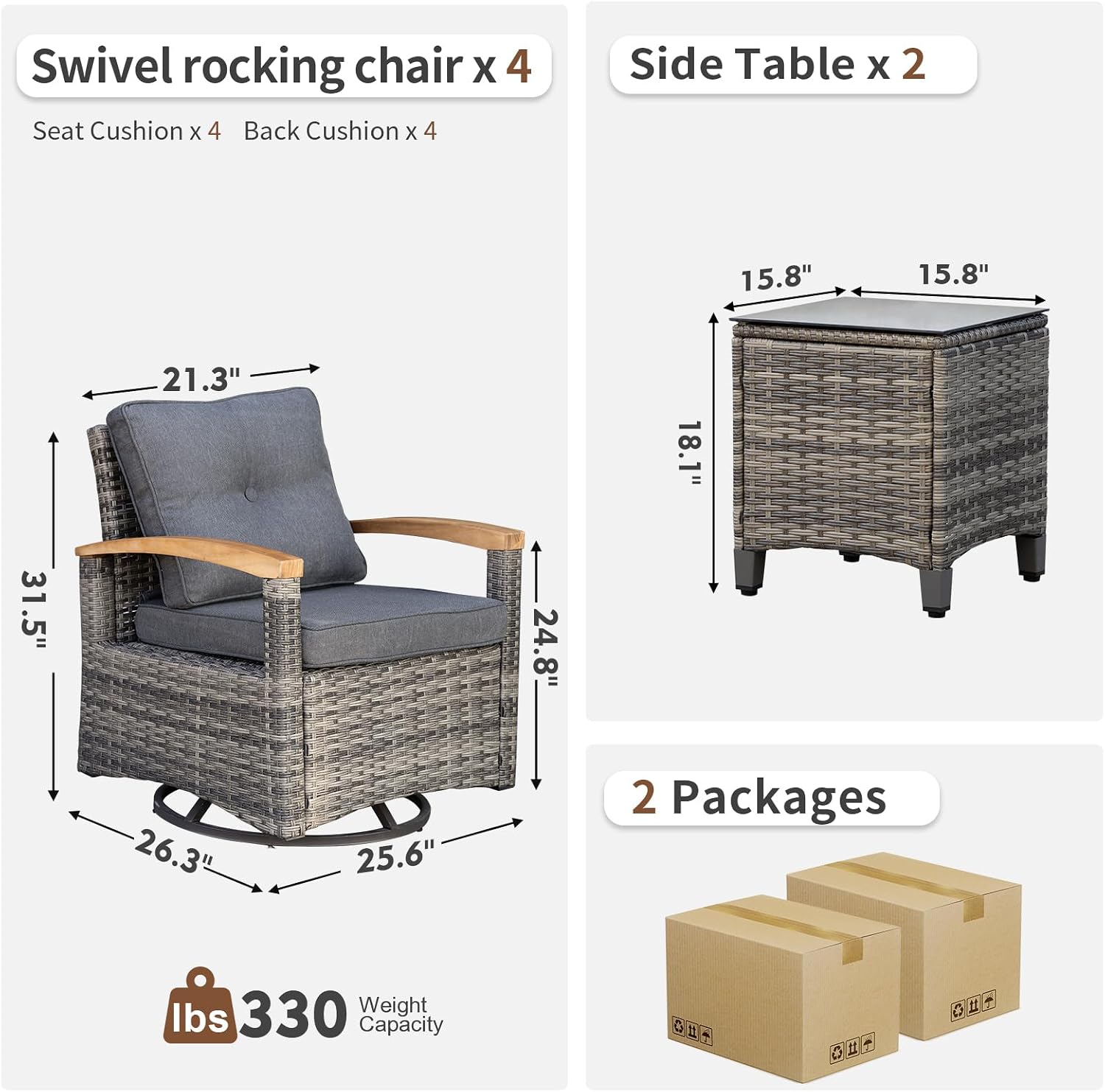 MEISSALIVVE 6 Pieces Patio Furniture Sets, Wicker Patio Conversation Sets with 4 Wood Armrests Swivel Glide Chairs，Outdoor Conversation Set for Deck Yard and Poolside (Grey)