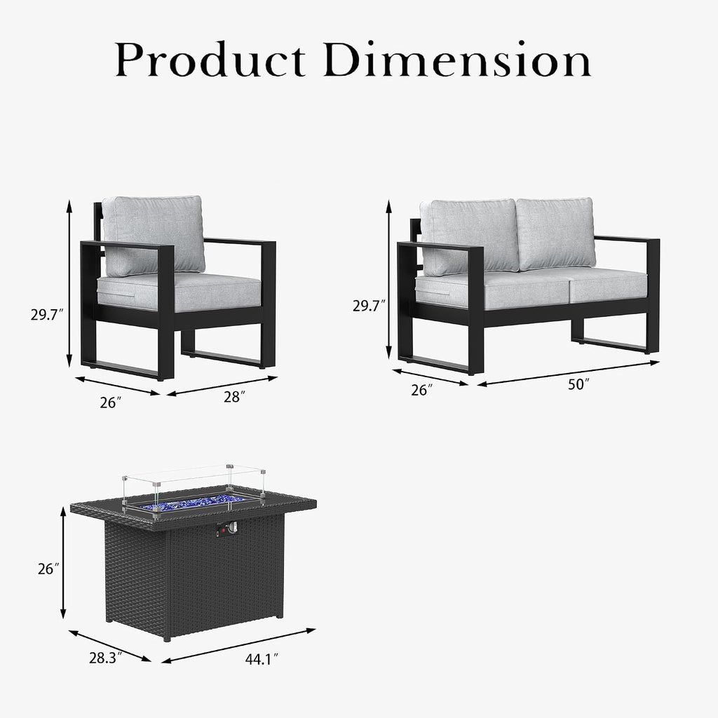 LayinSun 4 Pieces Aluminum Outdoor Patio Furniture Set, Metal Modern Conversation Sofa Set with Fire Pit Table and Washable Thick Cushions for Porch, Backyard, Deck
