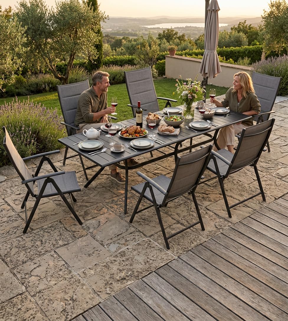 PURPLE LEAF Outdoor Dining Set for 6 Folding Patio Dining Set with Aluminum Rectangular Table and Padded Chairs All Weather Dining Table Sets for Garden Backyard Poolside, Grey