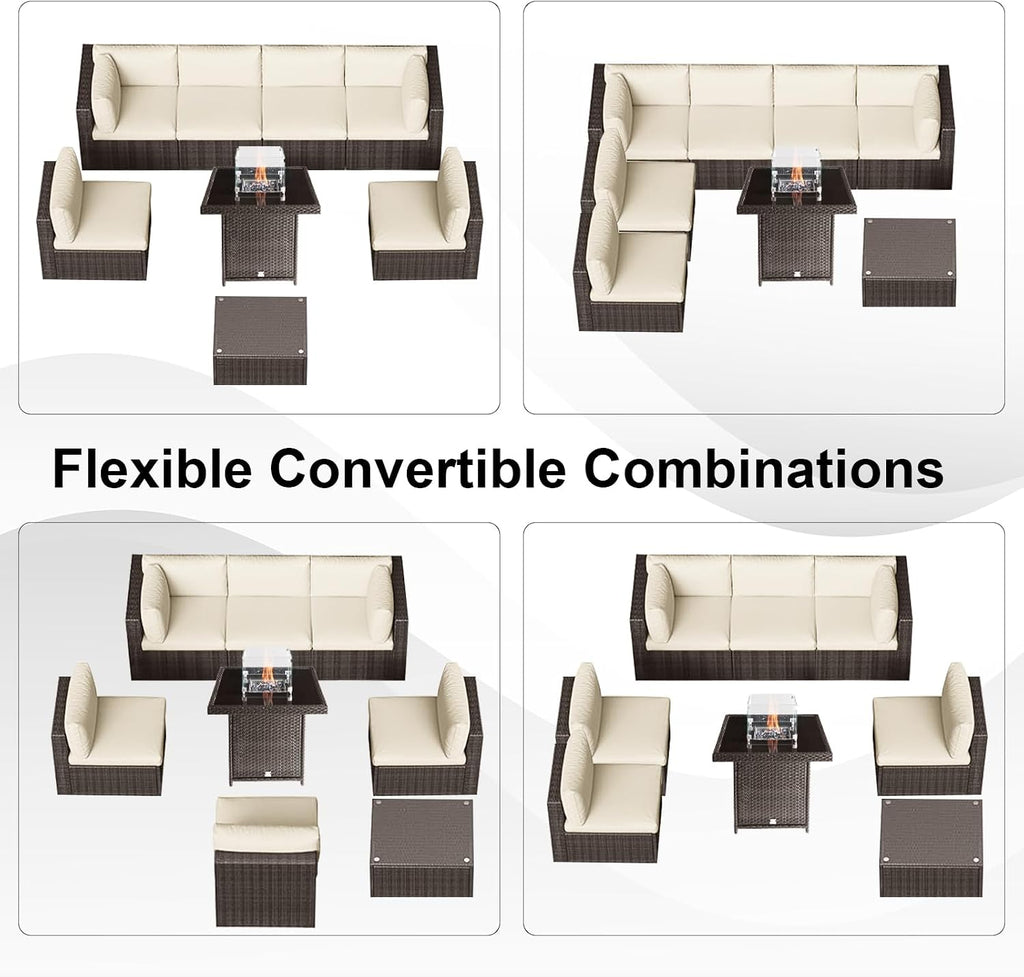 8 Piece Wicker Outdoor Patio Furniture Set with Fire Pit Table, Patio Sectional Sofa Perfect for Deck, Garden, Yard, Includes Splashproof Anti-Slip Cushions and 2 Pillows (Brown/Beige)