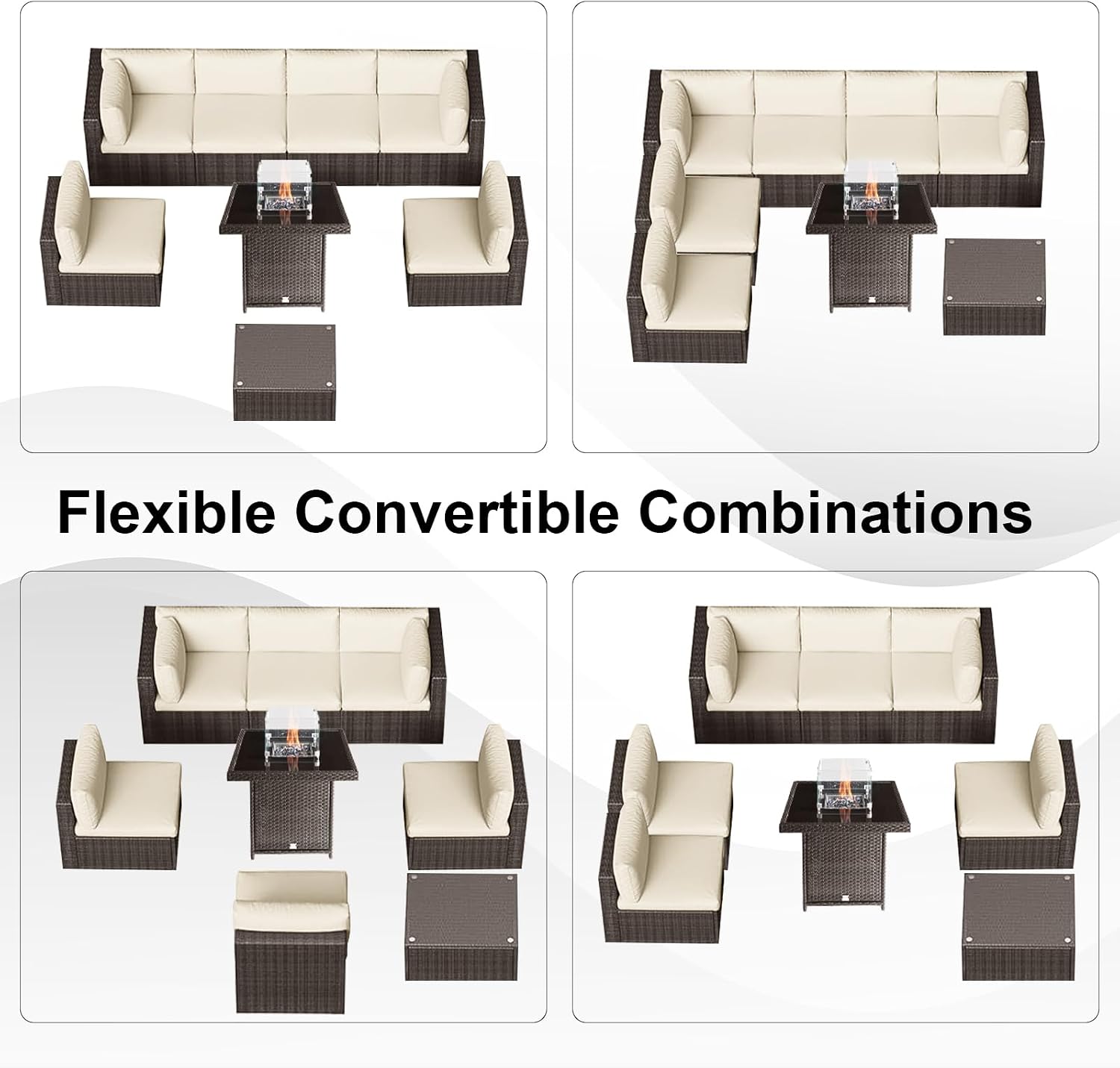 8 Piece Wicker Outdoor Patio Furniture Set with Fire Pit Table, Patio Sectional Sofa Perfect for Deck, Garden, Yard, Includes Splashproof Anti-Slip Cushions and 2 Pillows (Brown/Beige)