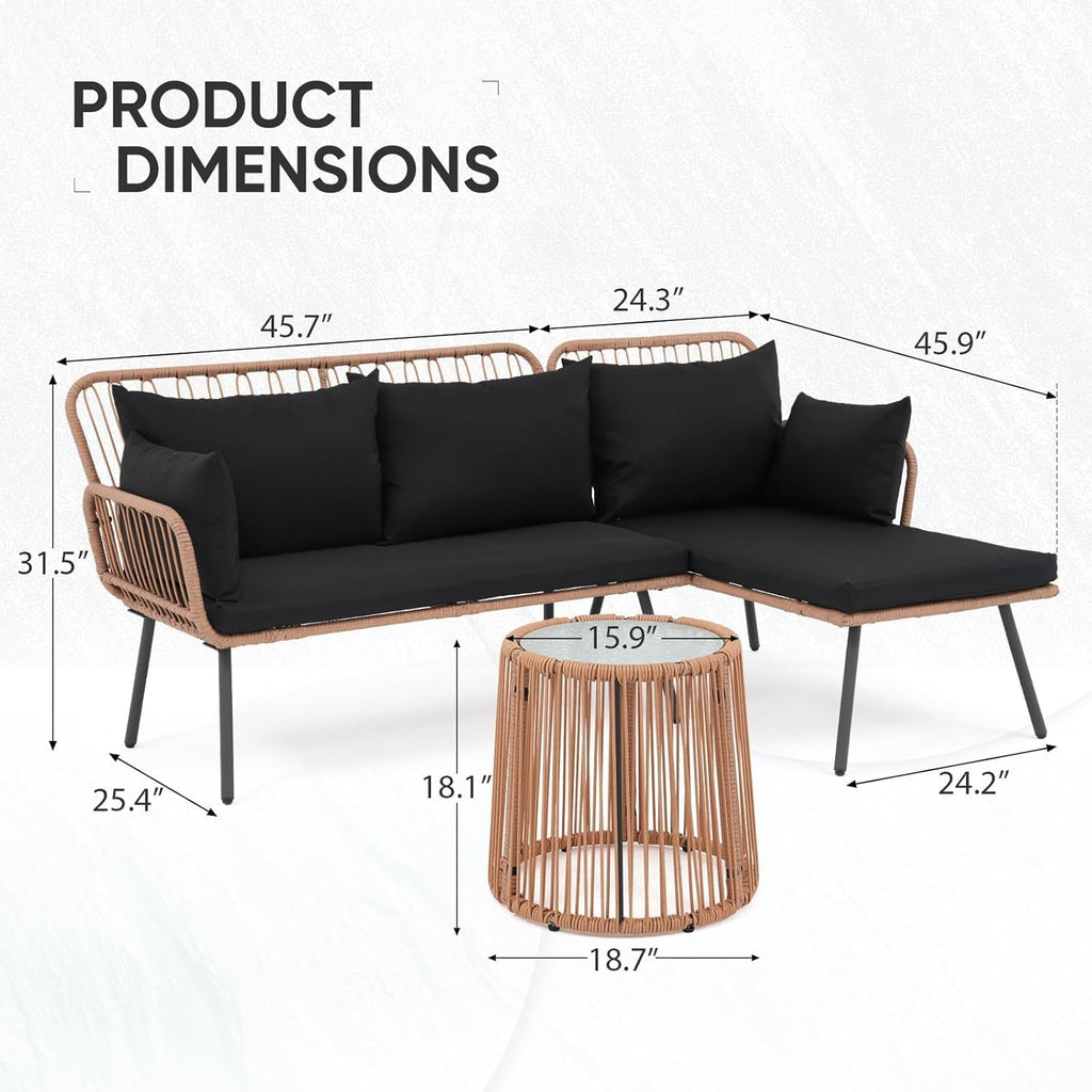 Verano Garden Outdoor Patio Furniture Set, 3 Piece Wicker Rattan Outdoor Balcony Furniture Set, L-Shaped Patio Conversation Sofa Set with Cushions and Round Glass Table (Black, 3PCS)