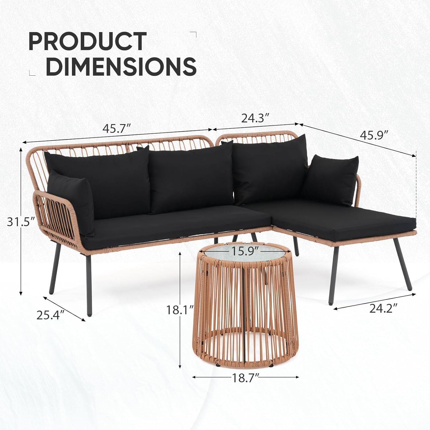 Verano Garden Outdoor Patio Furniture Set, 3 Piece Wicker Rattan Outdoor Balcony Furniture Set, L-Shaped Patio Conversation Sofa Set with Cushions and Round Glass Table (Black, 3PCS)