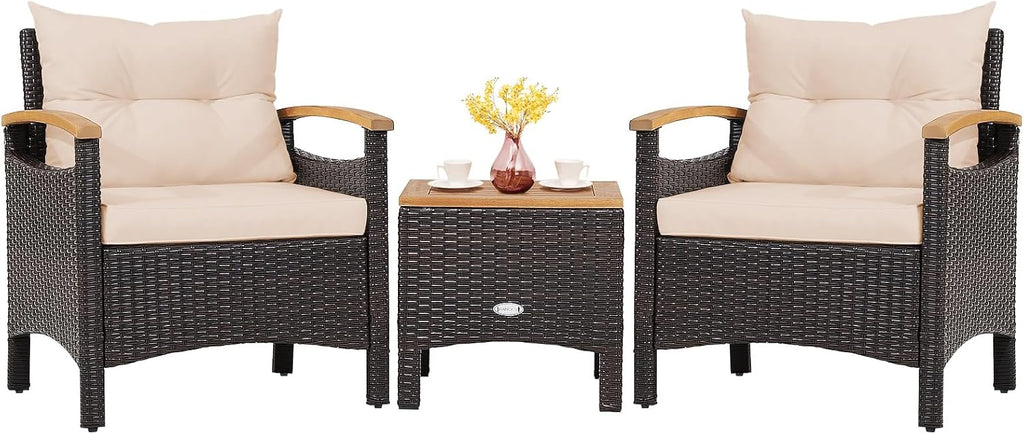 Tangkula 3-Piece Patio Furniture Set, Patiojoy Outdoor Rattan Sofa Set with Coffee Table, Patio Conversation Set with Removable Cushion, Cozy Acacia Wood Armrests for Backyard, Poolside (Beige)