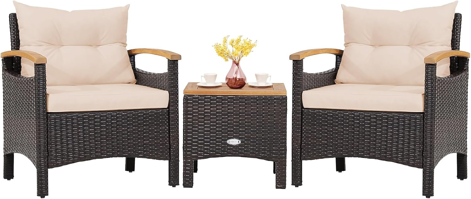 Tangkula 3-Piece Patio Furniture Set, Patiojoy Outdoor Rattan Sofa Set with Coffee Table, Patio Conversation Set with Removable Cushion, Cozy Acacia Wood Armrests for Backyard, Poolside (Beige)