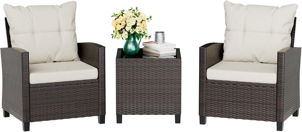 Vongrasig 3 Piece Patio Furniture Set Small Outdoor Wicker Rattan Front Porch Bistro Set Cushioned Patio Chairs Conversation Set with Glass Table for Lawn, Garden, Backyard, Balcony, Poolside (Beige)