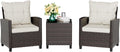 Vongrasig 3 Piece Patio Furniture Set Small Outdoor Wicker Rattan Front Porch Bistro Set Cushioned Patio Chairs Conversation Set with Glass Table for Lawn, Garden, Backyard, Balcony, Poolside (Beige)
