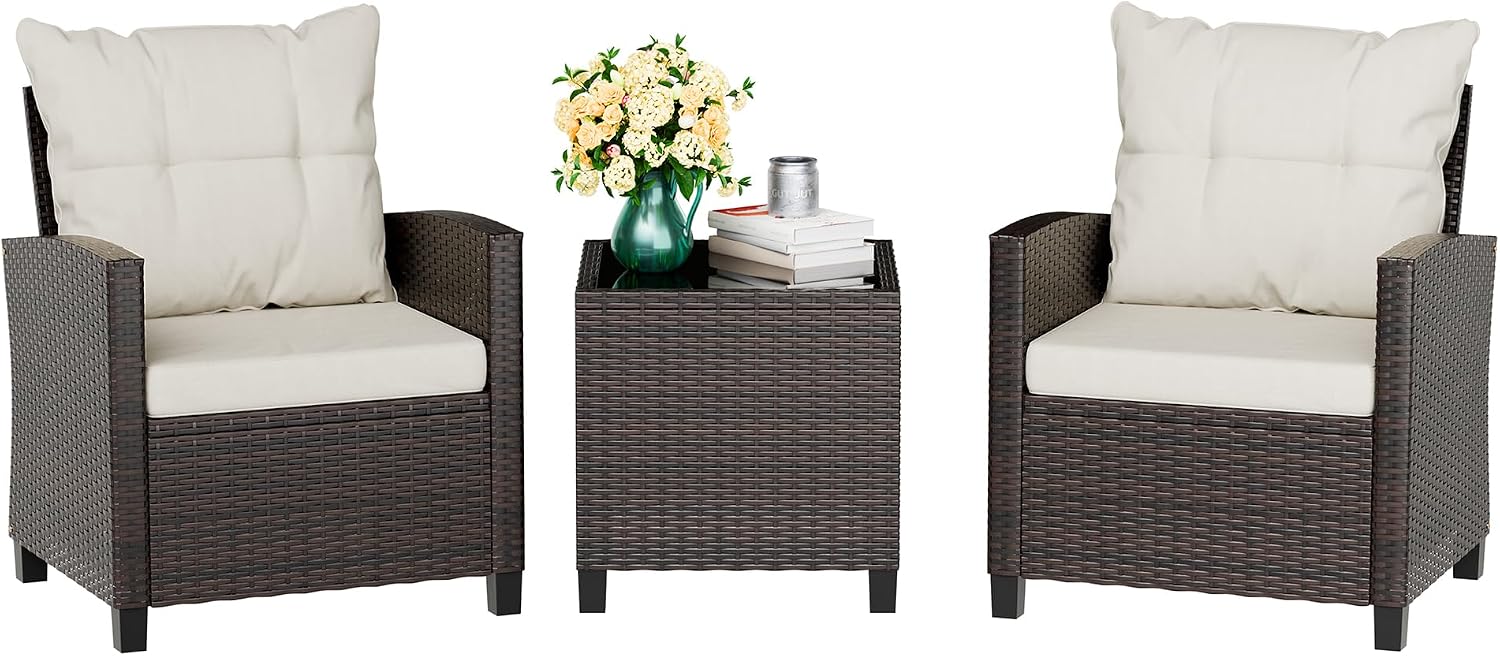 Vongrasig 3 Piece Patio Furniture Set Small Outdoor Wicker Rattan Front Porch Bistro Set Cushioned Patio Chairs Conversation Set with Glass Table for Lawn, Garden, Backyard, Balcony, Poolside (Beige)