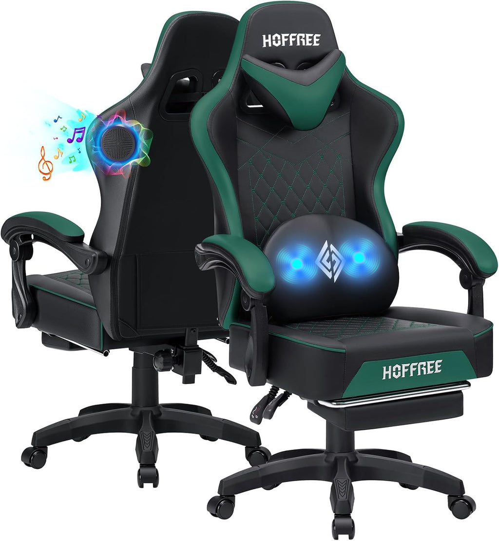 HOFFREE Gaming Chair Computer Chair with Speakers Massage Game Chairs with Footrest Bluetooth High Back Ergonomic Computer Gaming Chairs for Adults Reclining Video Gamer Chair Green and Black