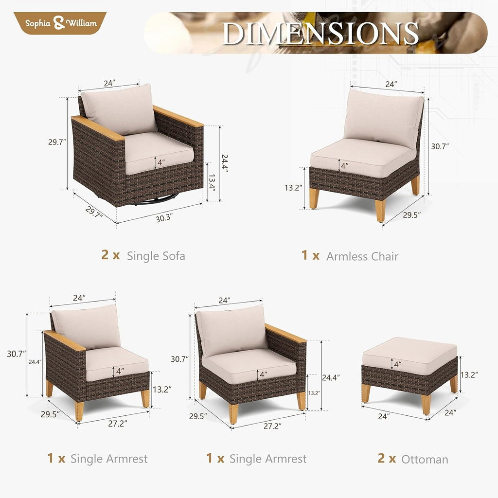 Sophia & William Patio Furniture Set with Swivel Chairs, 7 Piece Outdoor Sectional Furniture Wicker Modular Sofa Couch, Conversation Set for Deck Backyard Lawn, Beige