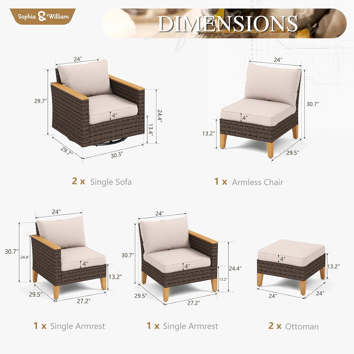 Sophia & William Patio Furniture Set with Swivel Chairs, 7 Piece Outdoor Sectional Furniture Wicker Modular Sofa Couch, Conversation Set for Deck Backyard Lawn, Beige