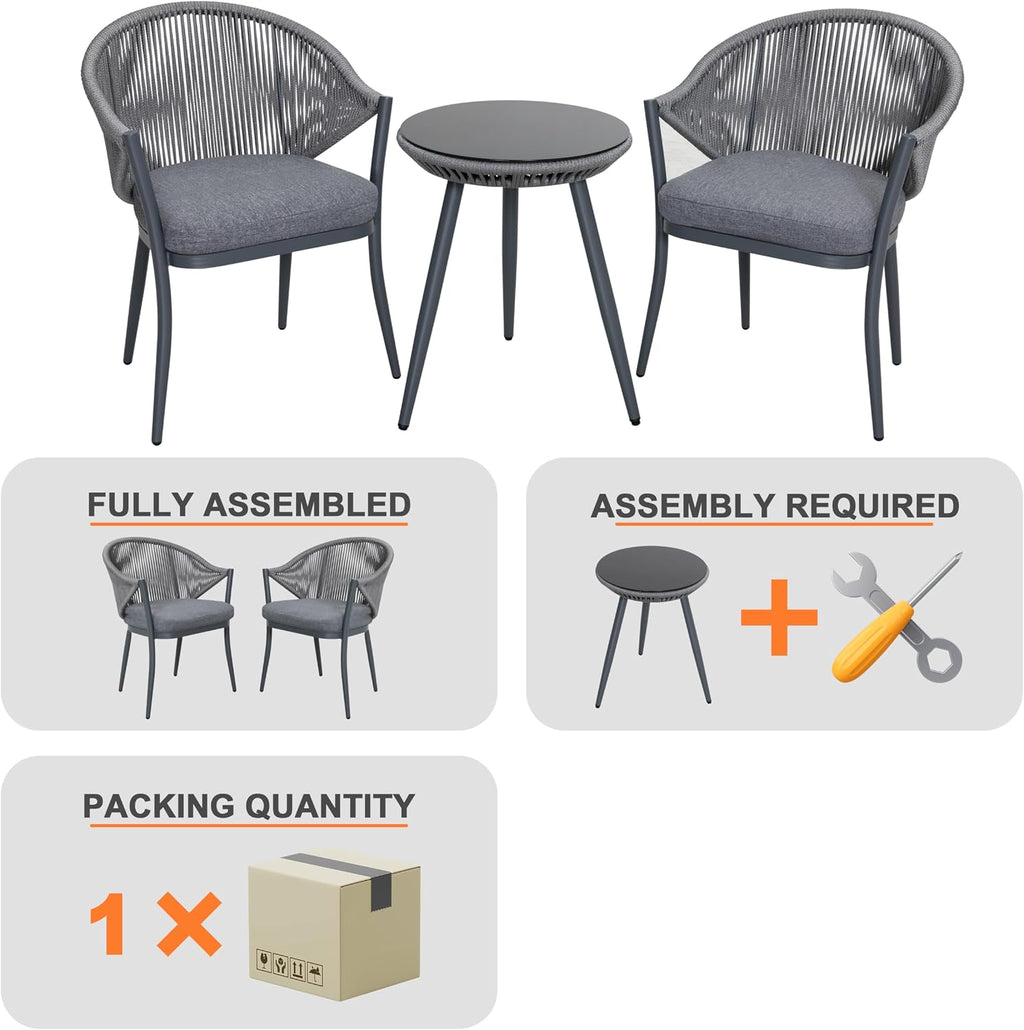 NUU GARDEN 3 Piece Outdoor Bistro Set, Woven Rope Conversation Patio Set, All Weather Aluminum Patio Furniture Chairs and Table with Cushions for Garden, Deck, Backyard, Gray