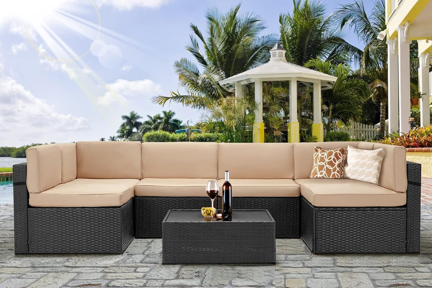U-MAX 7 Piece Outdoor Patio Furniture Set, PE Rattan Patio Wicker Sectional Furniture Chair Set with Cushions and Tea Table, (Black Rattan&Beige Cushion with Cover)