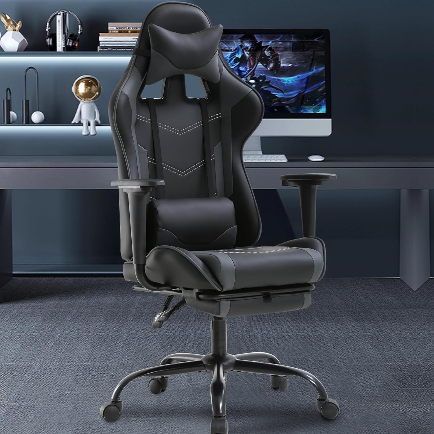 BestOffice Ergonomic Gaming Chair, Grey, Adjustable, Vibration, Faux Leather