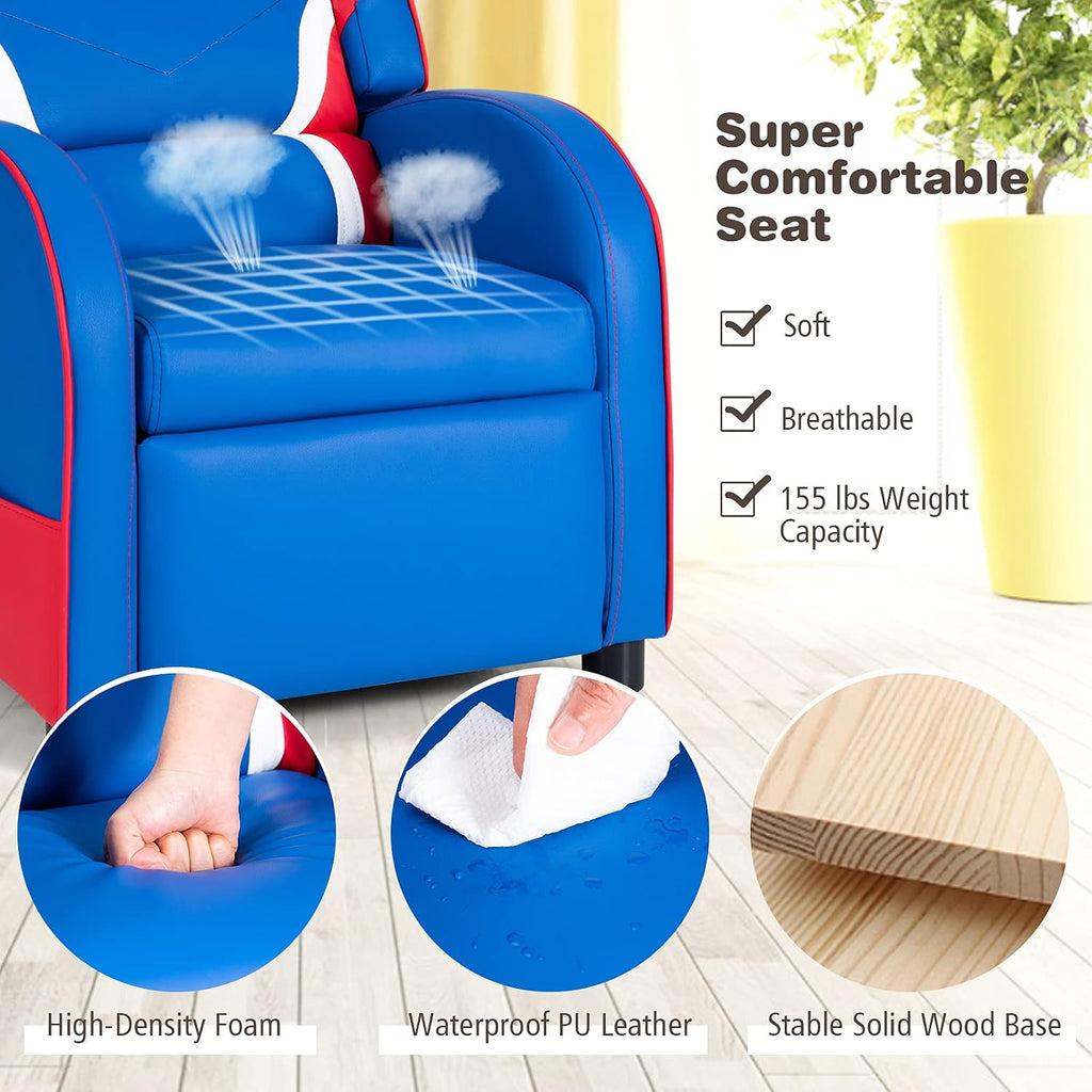 Costzon Kids Recliner, Gaming Recliner Chair w/Footrest, Headrest, Lumbar Support & Side Pockets, Ergonomic Leather Lounge Chair for Living & Gaming Room, Adjustable Recliner Sofa for Boys Girls, Blue