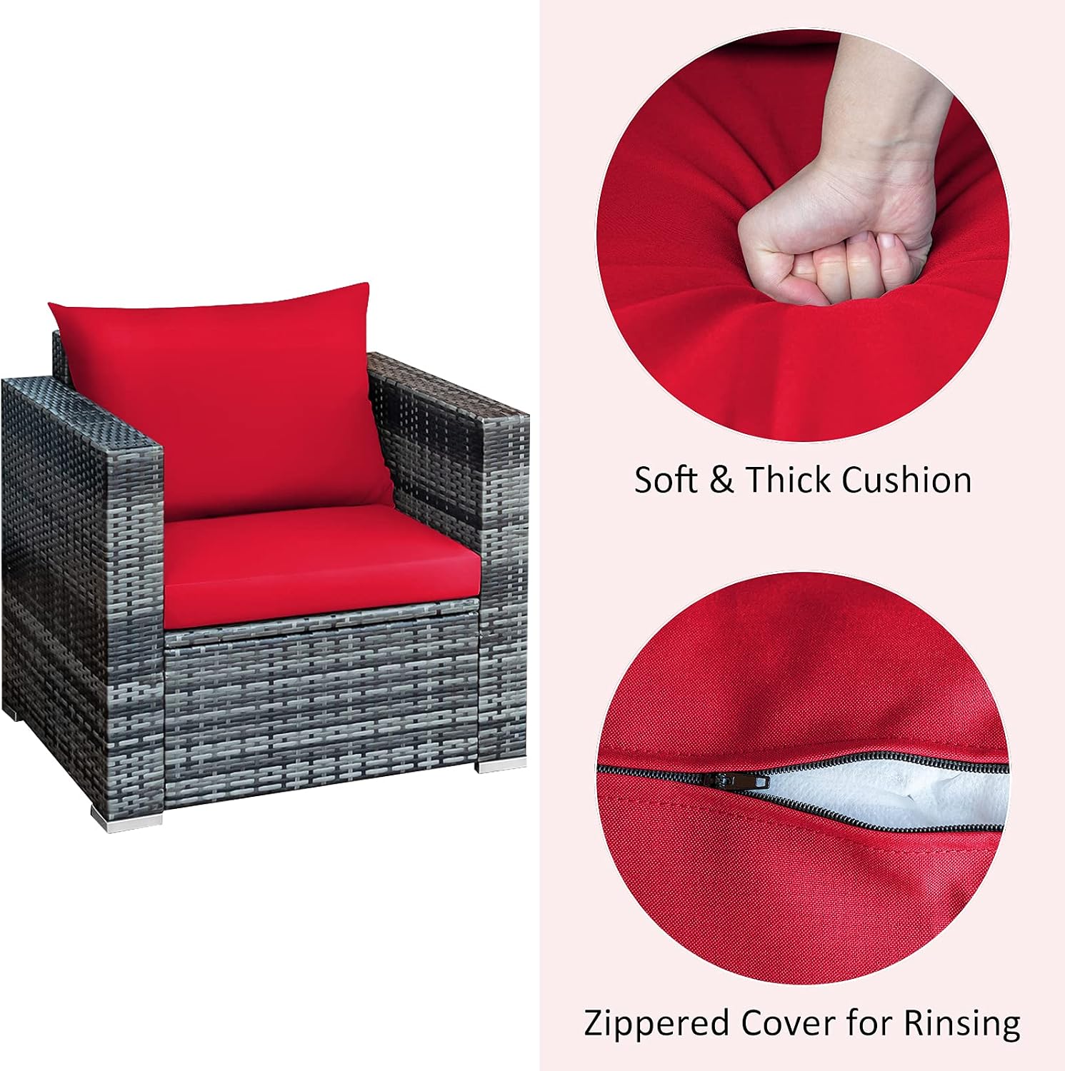 Tangkula 3 Pieces Patio Furniture Set, PE Rattan Wicker Sofa Set w/Washable Cushion and Tempered Glass Tabletop, Outdoor Conversation Furniture for Garden Poolside Backyard