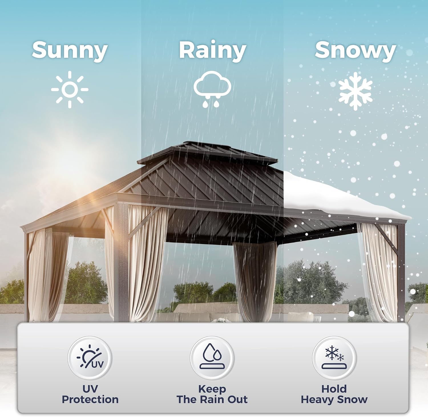 SUNSHINE VALLEY 10'x12' Hardtop Gazebo, Permanent Aluminum Outdoor Gazebo with Galvanized Steel Double Roof & Gutter System, Heavy Duty Patio Pavilion Canopy with Netting and Curtains for Deck, Garden