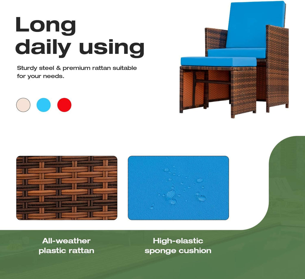 Devoko 4 Pieces Patio Wicker Furniture Set Outdoor Patio Chairs with Ottomans All Weather Cushioned Chairs Balcony Porch Furniture (Blue)