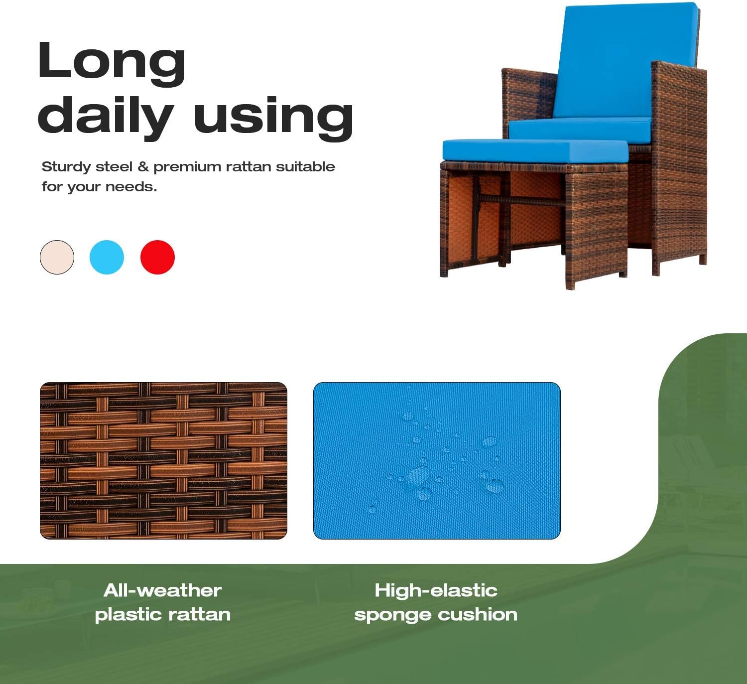 Devoko 4 Pieces Patio Wicker Furniture Set Outdoor Patio Chairs with Ottomans All Weather Cushioned Chairs Balcony Porch Furniture (Blue)
