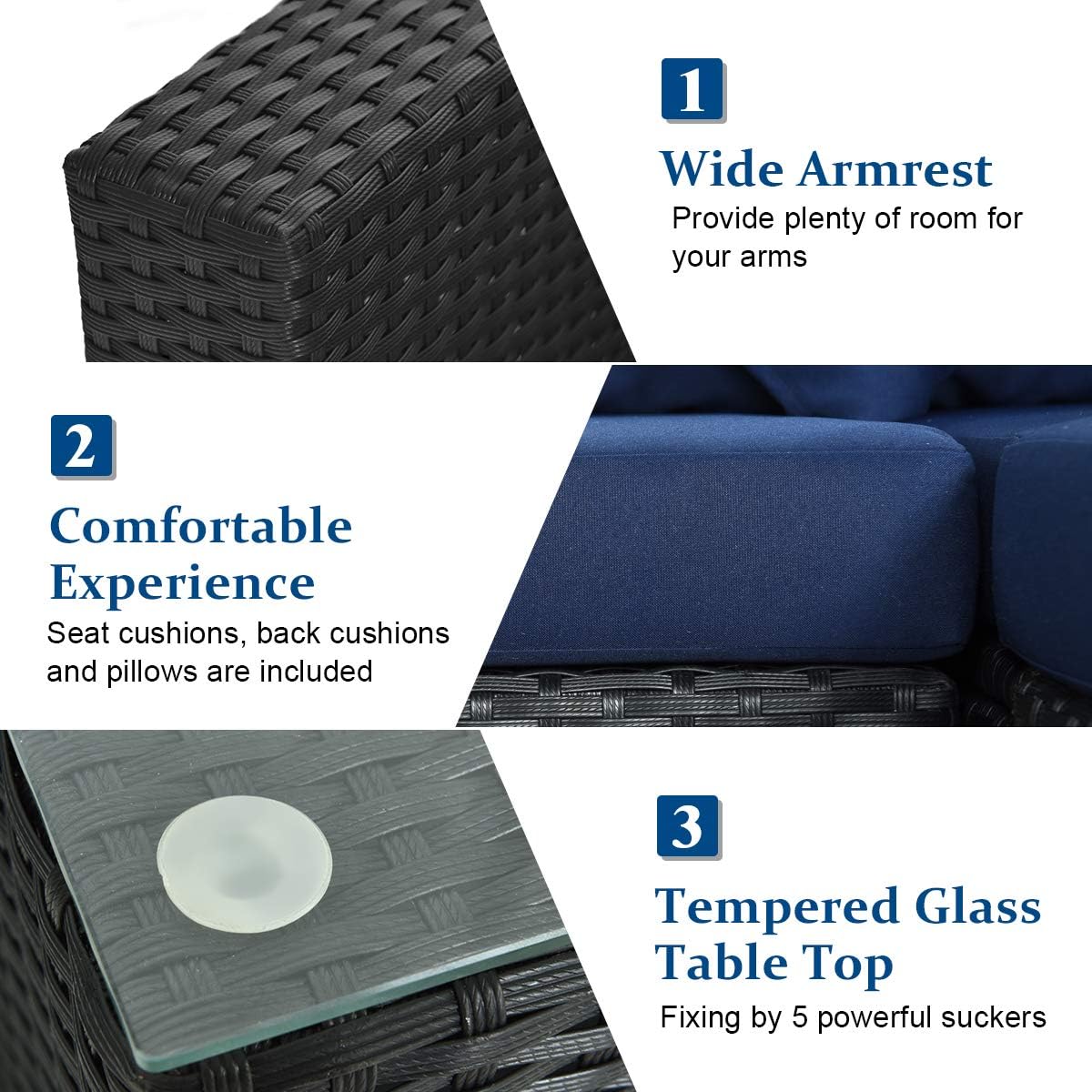 COSTWAY 7 Pieces Patio Furniture Set, Outdoor Rattan Conversation Set with 6 Seats, Coffee Tea Table, Soft Cushions, Wicker Patio Sectional Sofa for Garden Balcony Porch Poolside, Navy