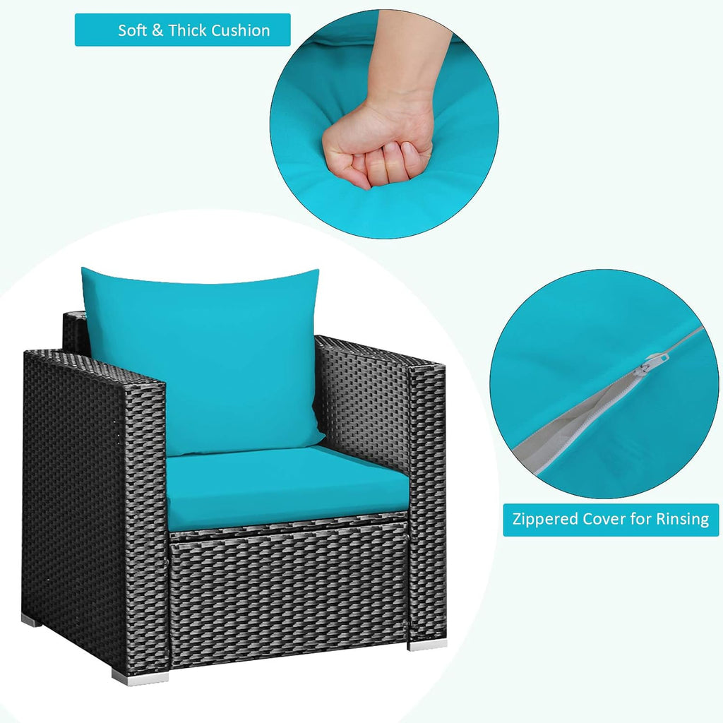 COSTWAY 3-Piece Outdoor Patio Furniture Set, Cushioned Armchairs and Tempered Glass Coffee Table, Wicker Rattan Sofa Set for Garden, Balcony, Backyard (Turquoise)