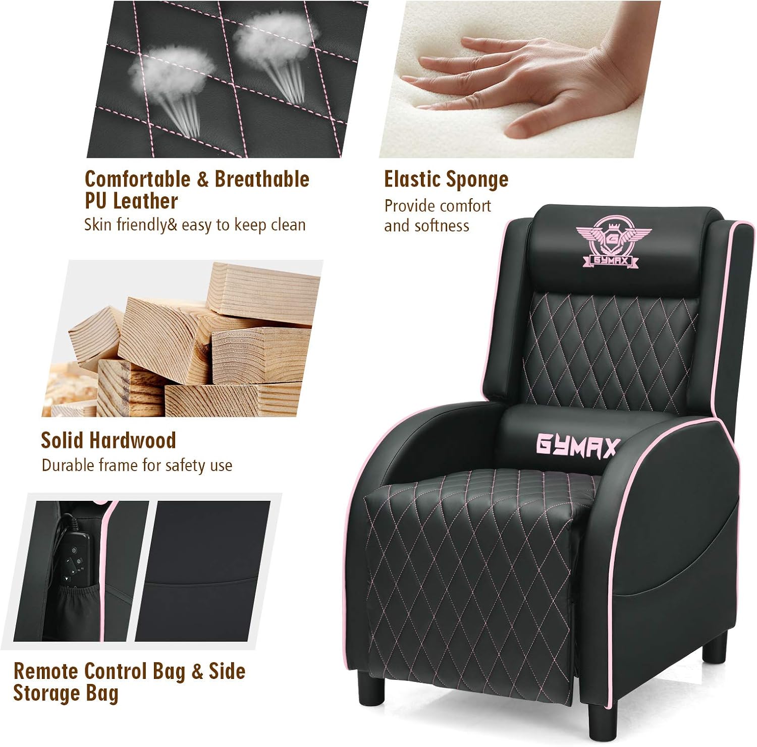 GYMAX Massage Gaming Recliner Chair, Ergonomic Racing Style Single Sofa with Adjustable Headrest, Backrest & Footrest, Home Theater Sofa for Living Room Office (Pink)