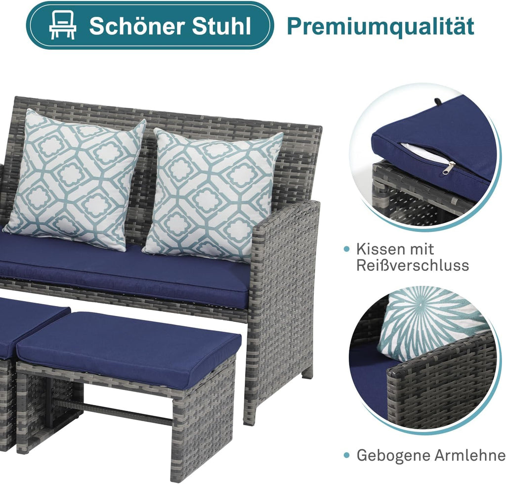 OC Orange-Casual Patio Furniture Set,3 Pieces Outdoor Wicker Conversation Loveseat with Ottomans for Porch, Gray Rattan Navy Blue Cushions