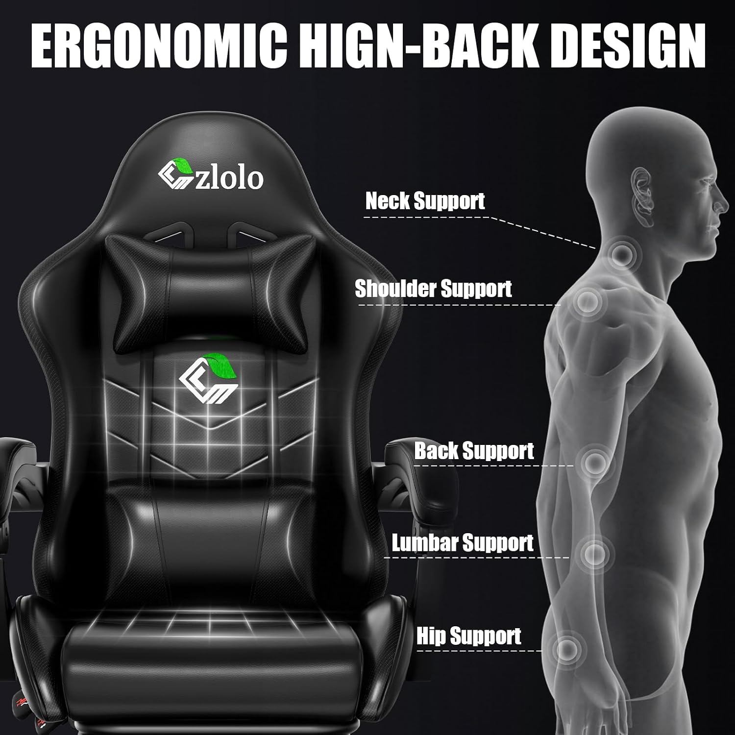 Czlolo Gaming Chair, Ergonomic Office Computer Chair with Footrest and Lumbar Support Massager Racing Style High Back Video Gamer Chair, Wide＆Thick Cushion, 90°-135° Recline, Adjustable Height, Black