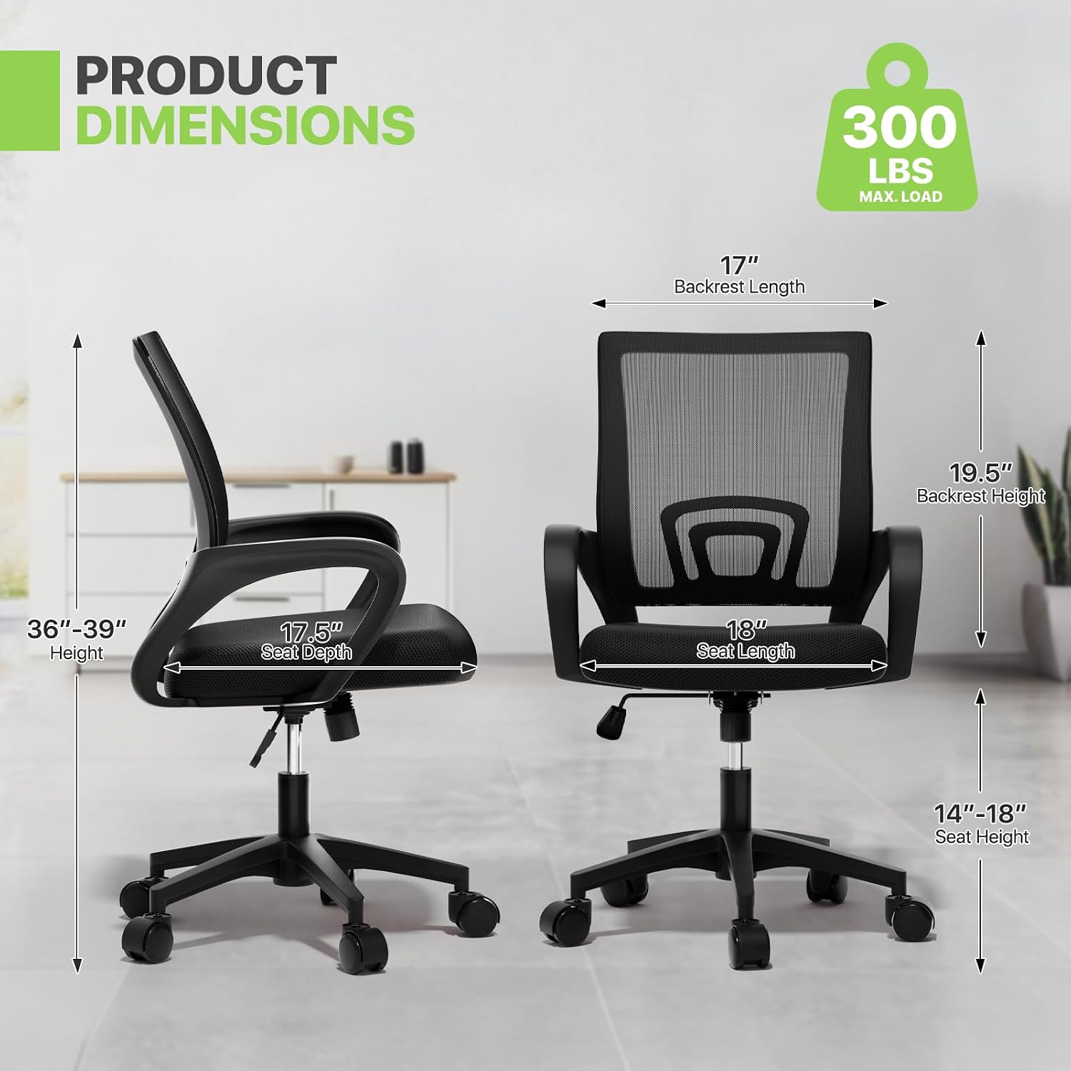 Magshion Ergonomic Office Chair 10 Pack, Mid-Back Mesh Desk Chair, Adjustable Swivel Computer Chair with Lumbar Support & Breathable Backrest for Gaming, Work, Study, 300 Lbs Capacity, Black