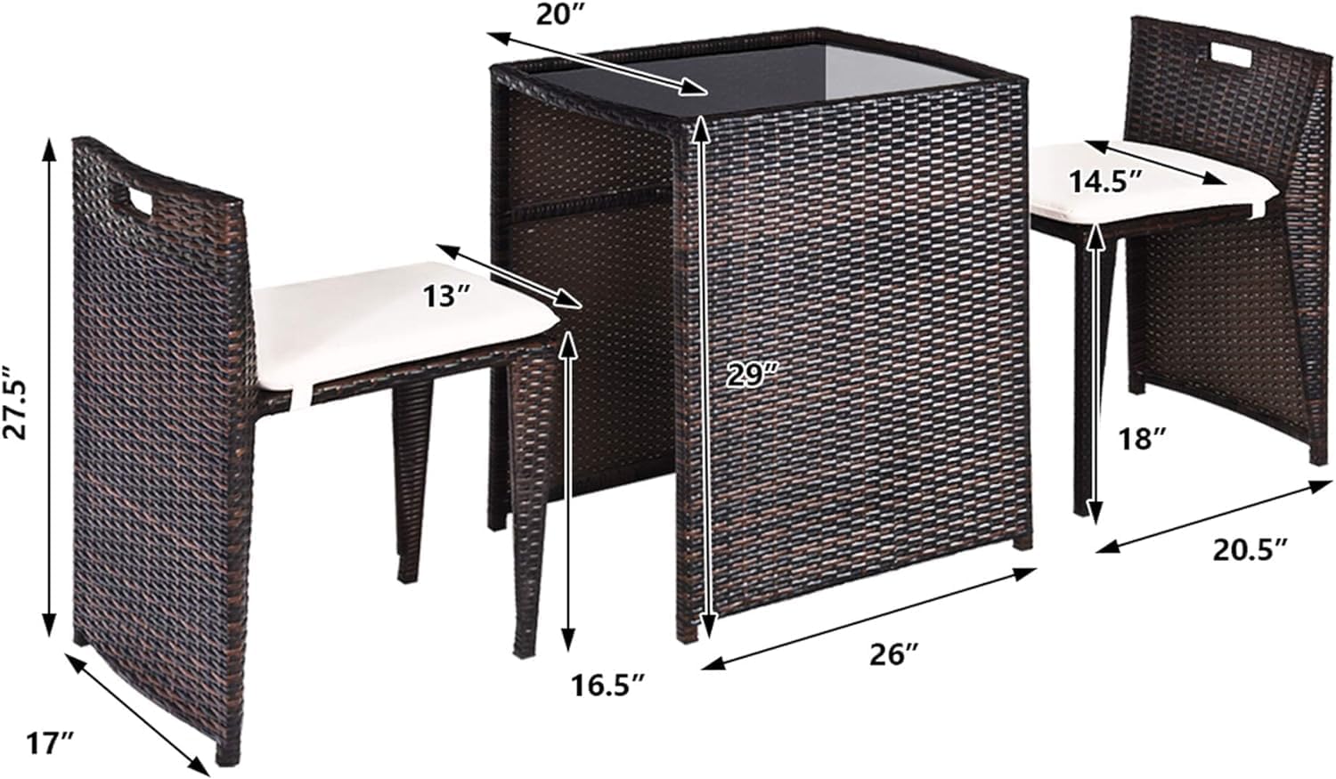 HAPPYGRILL 3 Pieces Wicker Patio Bistro Set, Outdoor Rattan Dining Set, Patio Furniture Set with Cushions for Yard Deck Garden Poolside