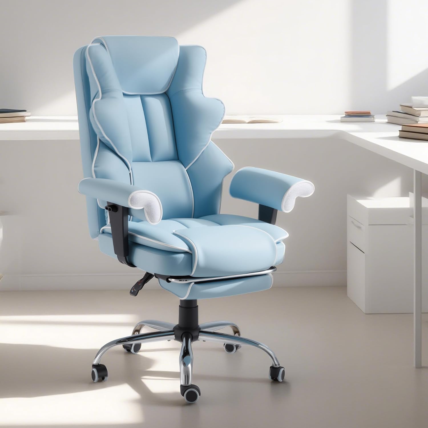 HOMREST 6-Point Massage Executive Chair,Heat Office Chair,Ergonomic Home Office Desk Chairs with Retractable Footrest and Reclining Function,Leather Computer Chair with Adjustable Armrest(‌Airy Blue)