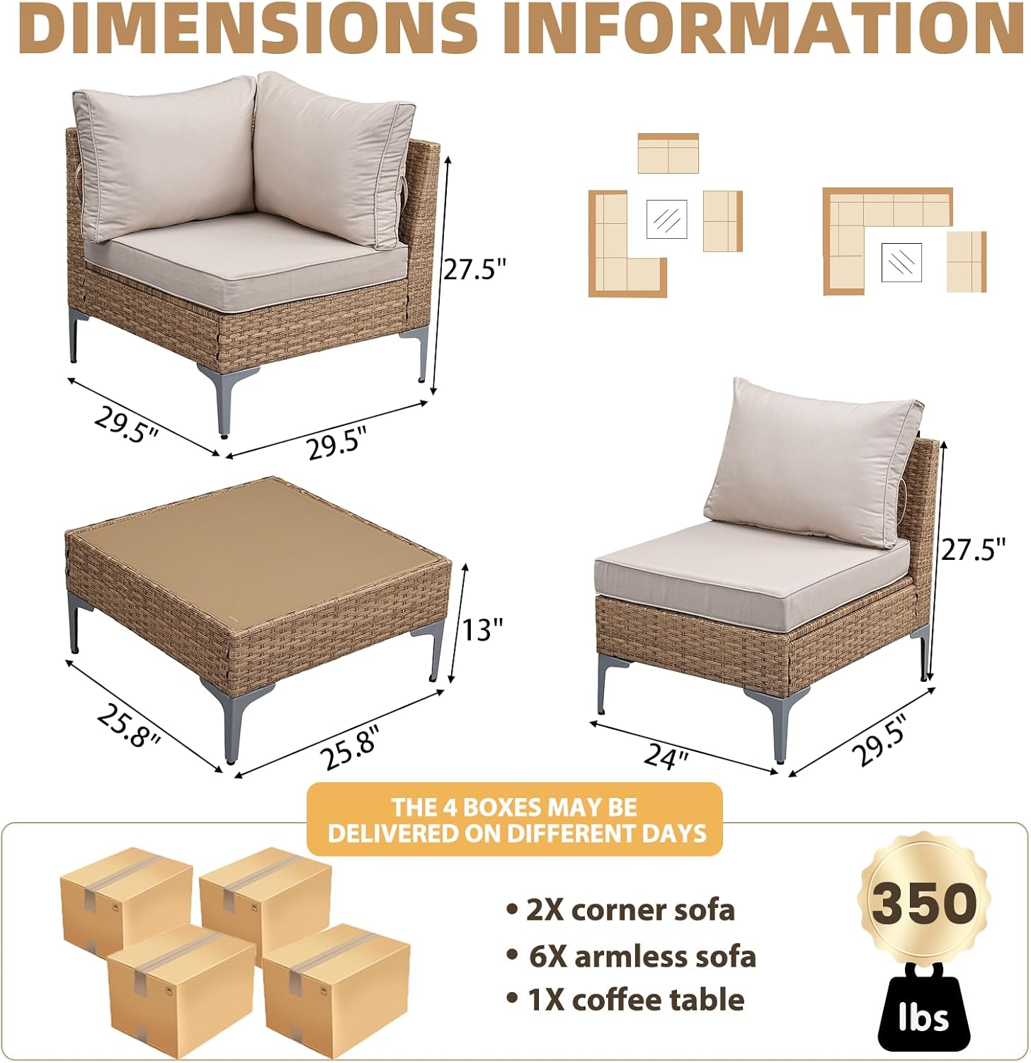JOYURE 9 Piece Wicker Patio Furniture Set,Outdoor Conversation Sectional Sofa w/Coffee Table,All-Weather Outdoor Sofa with Thick and Anti-Slip Cushions for Deck,Poolside,Garden,Beige