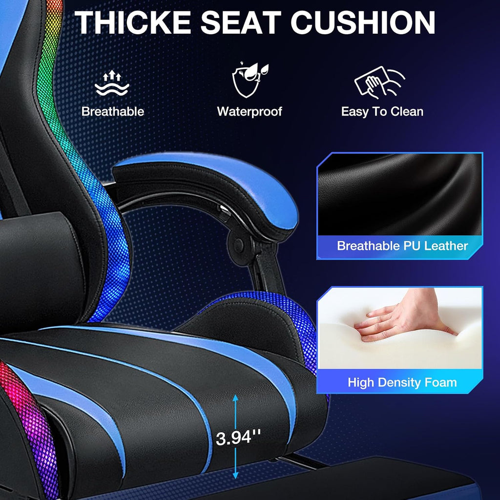 Gaming Chair with Bluetooth Speakers and RGB LED Lights Ergonomic Massage Video Game Chair with Footrest High Back with Lumbar Support Blue and Black